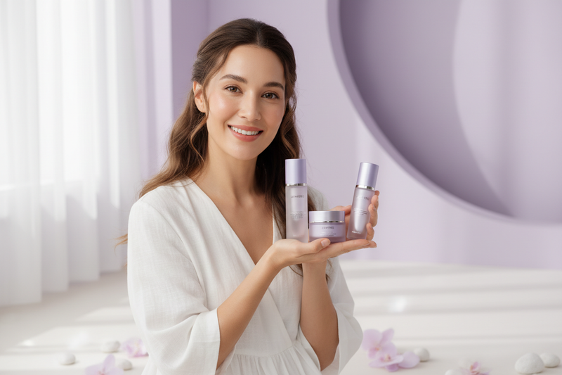 A happy woman with skincare products